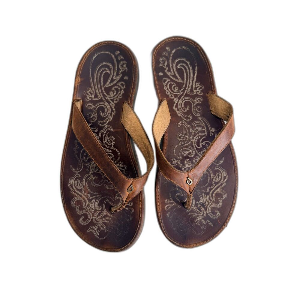 OluKai Paniolo Women's 8 Brown Leather Thong Sandals Western Boho Flip Flops